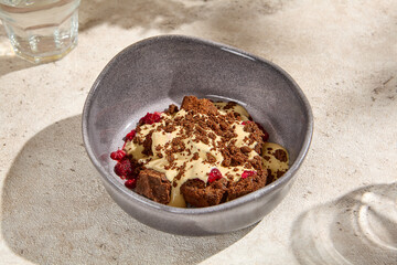 Chocolate Smetannik Dessert with Sour Cream and Caramelized Condensed Milk, Authentic Still Life with Natural Sunlight