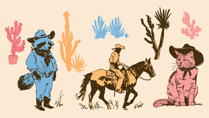 Cute raccoon and cat in cowboy outfits fun vintage western cowboy horse riding and cactus vector illustration set