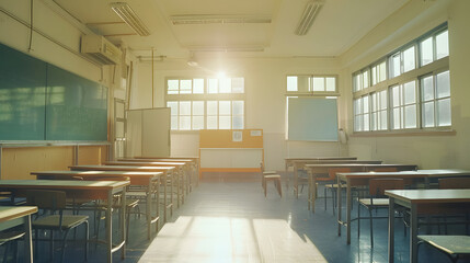 An empty classroom with desks and chairs neatly arranged, illuminated by sunlight streaming through large windows. Perfect for themes of education, learning environments, and nostalgia.