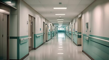 Empty Modern Hospital Corridor. Long hospital bright corridor with rooms and seats 3D rendering. Long Corridor in Hospital