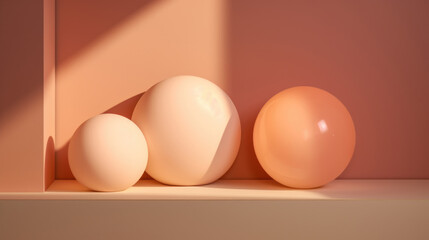 Fototapeta premium Abstract geometric composition with spheres and shadows on peach fuzz color background