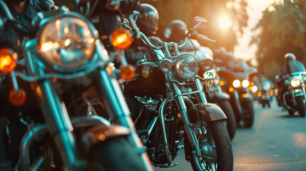 Fototapeta premium A group of bikers on their motorcycles, illuminated by headlights, gathers on a street at dusk. 