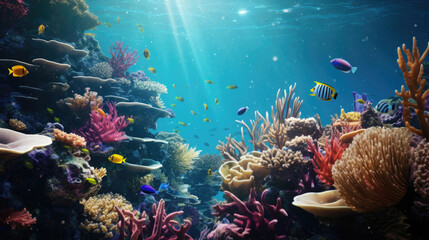 Underwater scene with colorful coral reef and various tropical fish, background