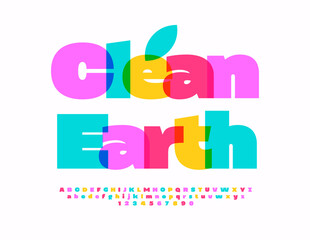 Vector ecologic emblem Clean Earth. Modern Bright Font. Colorful cool Alphabet Letters and Numbers set.