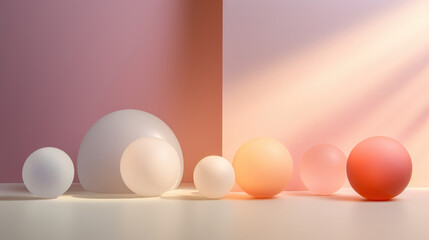 Fototapeta premium Abstract geometric composition with spheres and shadows on peach fuzz color background