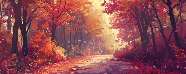 Beautiful anime-style illustration of a forest path surrounded by colorful autumn foliage