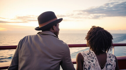 Smiling african american couple on cruise ship enjoying the ocean view, copy space