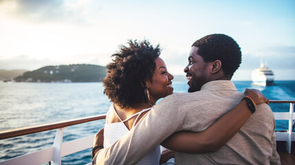 Smiling african american couple on cruise ship enjoying the ocean view, copy space