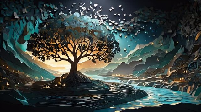 光り輝く木ときらめく川の風景 魔法の雰囲気が漂う映像