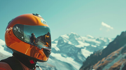 A close-up shot of an orange motorcycle helmet with a mirrored visor, reflecting a breathtaking mountain landscape.