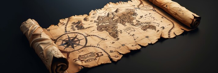 3D virtual treasure map with AR elements on a sleek black background, representing exploration games