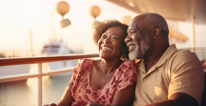 Mature african american couple on cruise ship enjoying the ocean view, copy space