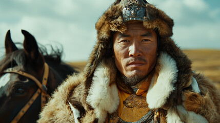 Portrait of a Mongolian man and horse in the winter
