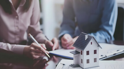 Two professionals discussing real estate transactions with a small house model and documents on the table. Perfect for themes of property management, business, and home buying.