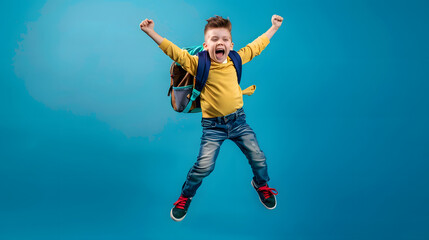Fototapeta premium A joyful boy wearing a backpack and yellow sweater jumps with arms raised against a blue background. Perfect for themes of childhood, school, and energy, with ample copy space.