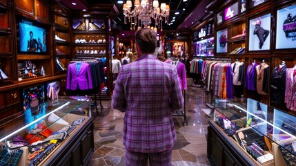 Man in a stylish suit shopping in a luxury boutique, surrounded by elegant clothing and vibrant lighting.