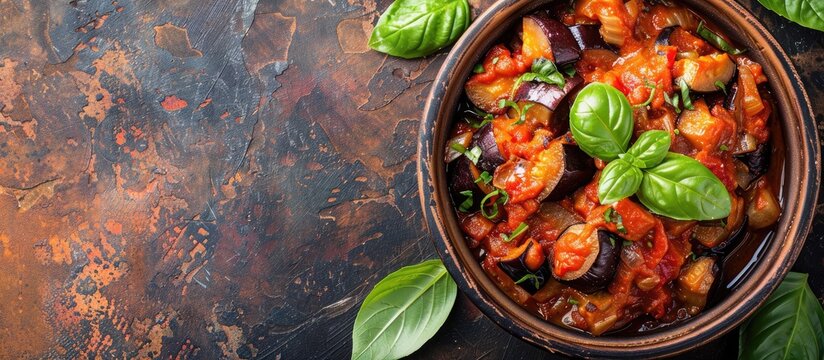 Scarlet eggplant dish with tomato served in wooden container with space for text