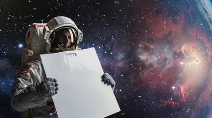 Obraz premium Galactic Ad Venture: Portrait of an Astronaut in Outer Space with a White Mockup Flat Bag for an Out-of-this-World Advertisement