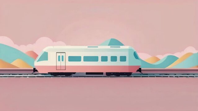 Animated illustration footage of a flat illustration of a moving train on pastel mountains background. Concept of travelling, vacation. AI generated