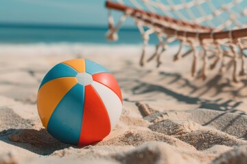Obraz premium Enjoy the playful spirit of the beach with cybernetic beach ball, hammock, frisbee, and more, basking in the sun with copy space for fun