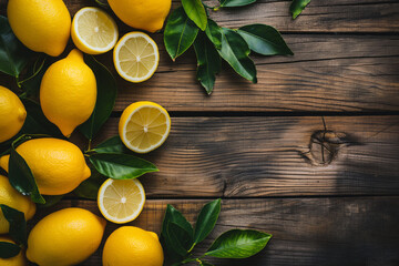 Fresh Lemons with Leaves on Rustic Wooden Background with copy space