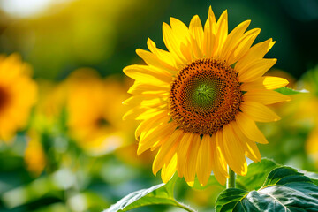 Obraz premium Beautiful sunny flower sunflower closeup against the background of a field of sunflowers