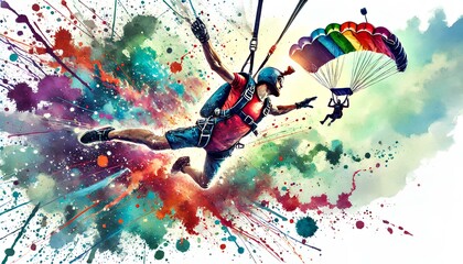 Obraz premium A vibrant watercolor of an athlete skydiving, with colorful splashes and dynamic motion in a wide frame.