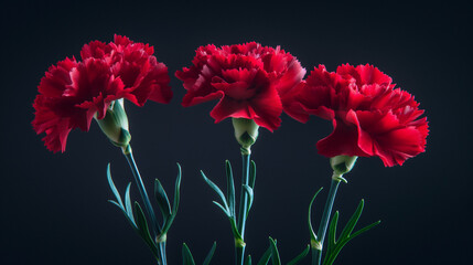 Fototapeta premium Red Carnations on Black Background with Dramatic Lighting, Red Carnation Day