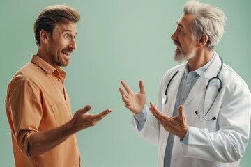 The image depicts a doctor having an animated discussion with a patient about medical concerns, highlighting a collaborative and professional healthcare environment in a clinical setting.