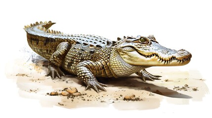 Fototapeta premium Crawling Crocodile: A detailed illustration of a crocodile crawling with a white background and ample copy space, professional use of colors and proportions, sharp focus, clear light, high clarity,