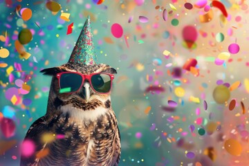 Owl in party hat with sunglasses on fuzzy colorful background with confetti