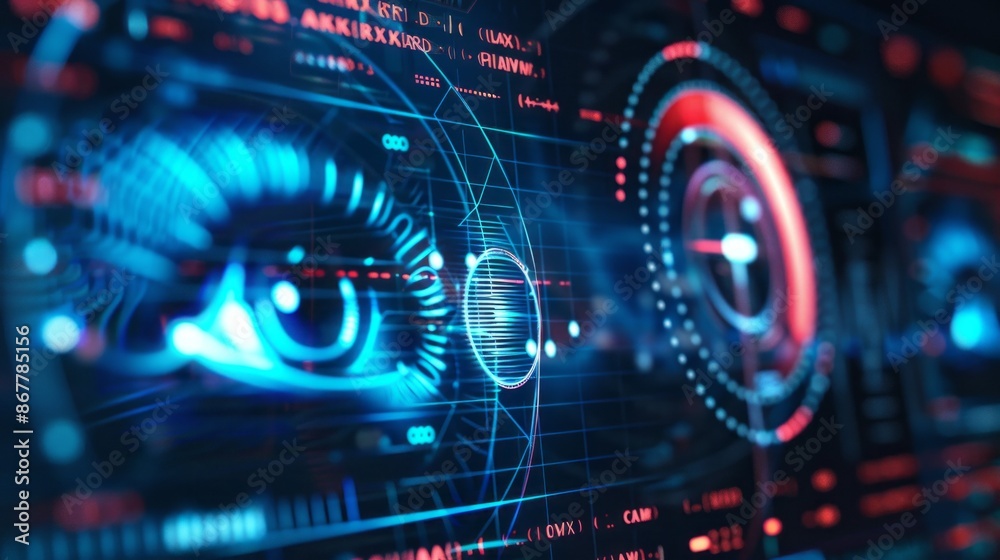 Poster a close-up of a digital interface with a glowing blue eye and a red gauge. this futuristic design su