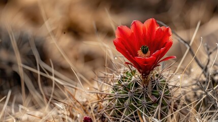 Fototapeta premium A bright red Claret or Hedgehog cactus flower in the Sonoran Desert Arizona surrounded by thorns
