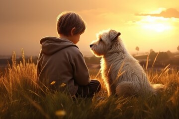 Little boy and his dog outdoors. Cute child with doggy pet. Best friends and love animals concept. International Homeless Animals Day
