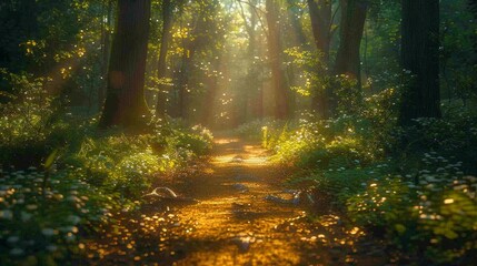 Obraz premium Sunlit Forest Path with Magical Light Effects - Generative AI