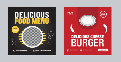 Food social media banner design template. Burger  social media post banner. delicious fast food burger pizza social media marketing banner Square size.