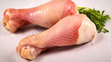 Savory indulgence, Chicken legs adorned with herbs on a white isolated background