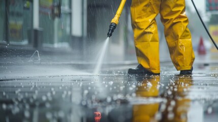 Obraz premium Wet cleaning of street with pressurized water.