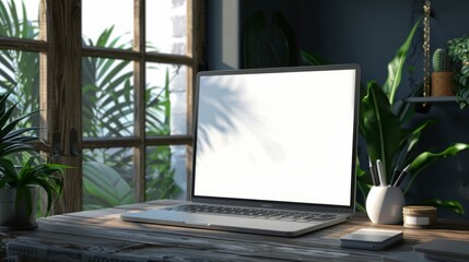 Fototapeta premium Domestic Digital Workspace: Women Working at Home with a Laptop and a Blank White Desktop Screen