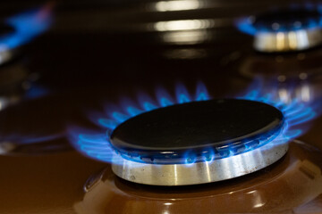 Close up shot of blue fire from domestic kitchen stove top. Gas cooker with burning flames of propane gas. Gas supply chain and news. Global gas crisis