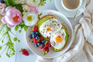 Avocado Toast Breakfast with Coffee on a background of fuzzy flowers.