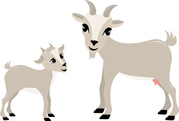Domestic farm animal. Goat and kid on a white background.