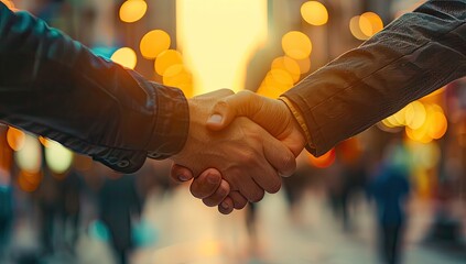 Business People Shaking Hands in a City Center. Partnership Deal Near Modern Office Buildings Background