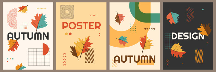 Vector illustration. Set of trendy autumn banners. Leaves, memphis pattern elements, modern typography. Foliage falling background. Design for poster, brochure card, book or magazine cover, flyer
