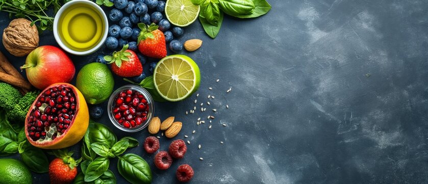 flat lay top view fresh raw fruit and nuts salad ingredient, lemon, strawberry, blueberry, almond, raspberry on black rock table background, homemade healthy eating organic dish