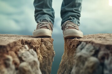 Feet positioned at the very edge between two cliffs, capturing the essence of risk, courage, and the dramatic, split landscape beneath, embodying the spirit of adventure.