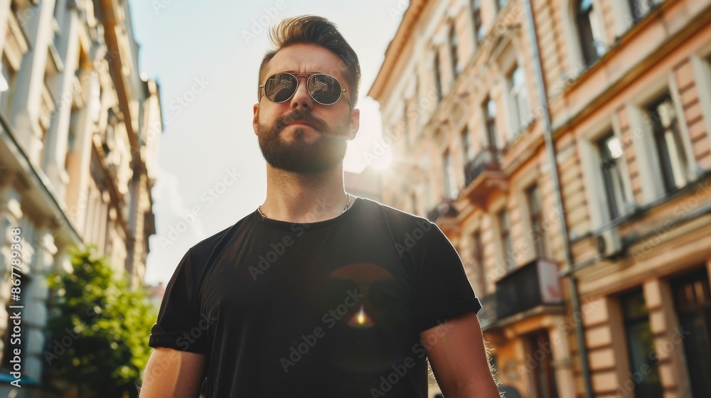 Wall mural Young stylish bearded man in a black T-shirt and sunglasses. Street photo  - Wall murals