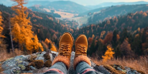 close up feet of a woman sitting on rock hill with aerial autumn forest 