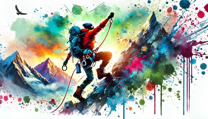 A vibrant watercolor of an athlete mountaineering  and dynamic motion in a wide frame.