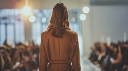 A model walks down the runway during a fashion show, showcasing a brown coat